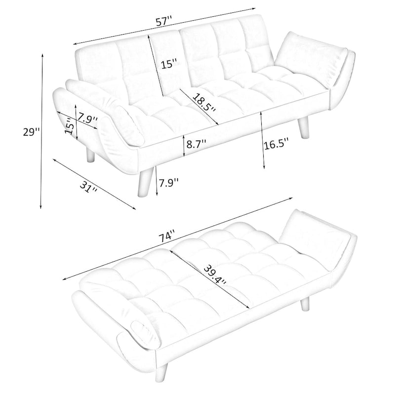 Canapé-lit 57, Futon confortable en mélange de polyester avec 2 oreillers carrés, Canapé-lit convertible avec dossier réglable