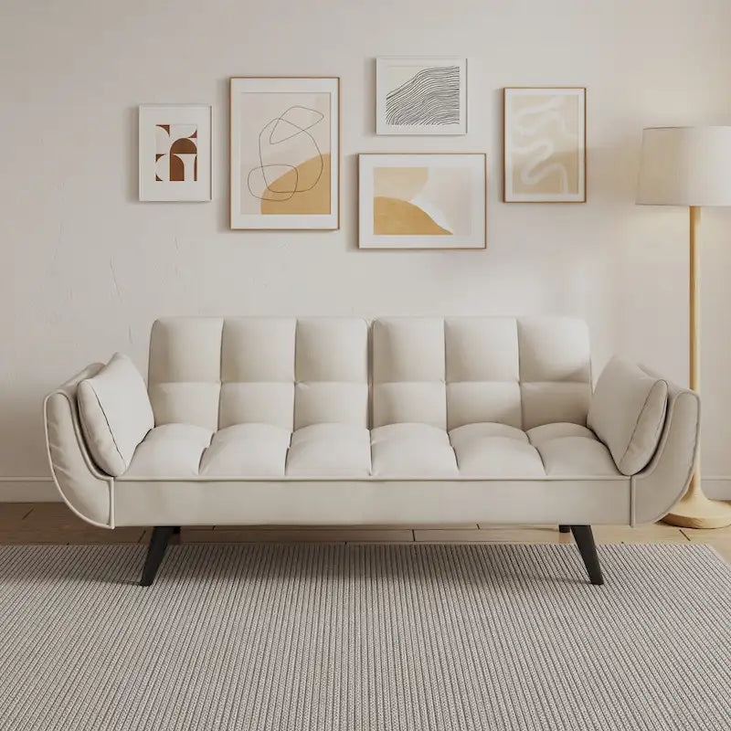 Canapé-lit 57, Futon confortable en mélange de polyester avec 2 oreillers carrés, Canapé-lit convertible avec dossier réglable