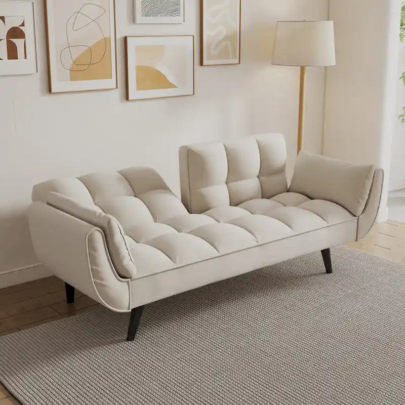 Canapé-lit 57, Futon confortable en mélange de polyester avec 2 oreillers carrés, Canapé-lit convertible avec dossier réglable