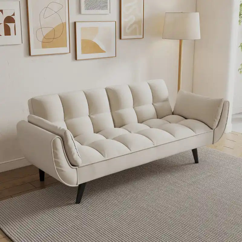 Canapé-lit 57, Futon confortable en mélange de polyester avec 2 oreillers carrés, Canapé-lit convertible avec dossier réglable
