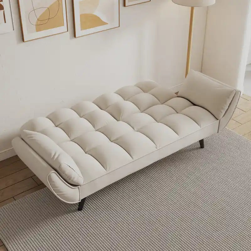 Canapé-lit 57, Futon confortable en mélange de polyester avec 2 oreillers carrés, Canapé-lit convertible avec dossier réglable
