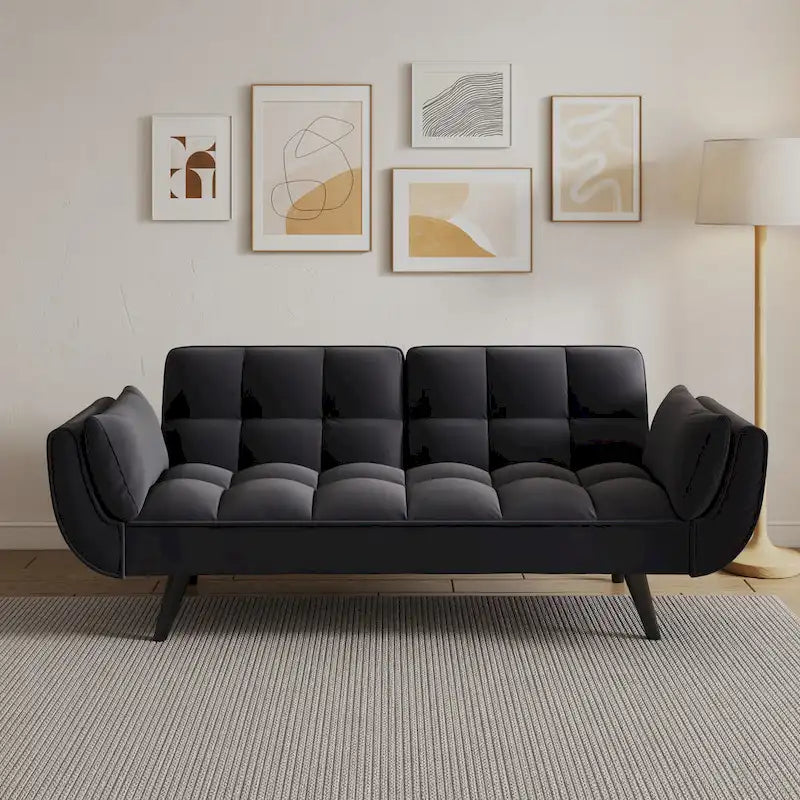 Canapé-lit 57, Futon confortable en mélange de polyester avec 2 oreillers carrés, Canapé-lit convertible avec dossier réglable