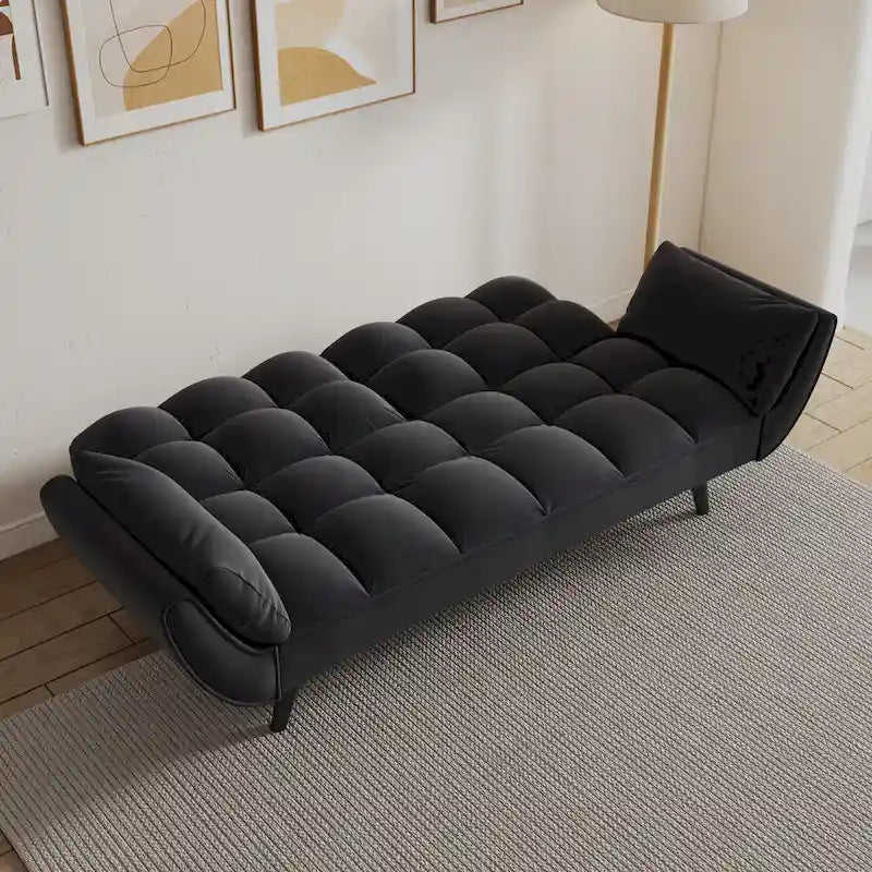Canapé-lit 57, Futon confortable en mélange de polyester avec 2 oreillers carrés, Canapé-lit convertible avec dossier réglable