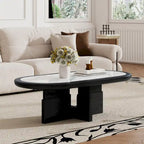 Table basse ovale Mid Century 47.24, placage en bois massif noir avec plateau en pierre frittée blanche brillante
