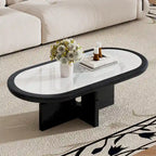 Table basse ovale Mid Century 47.24, placage en bois massif noir avec plateau en pierre frittée blanche brillante