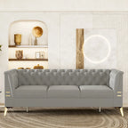 Canapé chesterfield 3 places en velours de 208 cm avec pieds en métal doré, éponge haute résilience et coussins amovibles