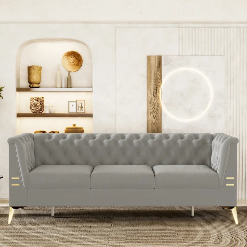 Canapé chesterfield 3 places en velours de 208 cm avec pieds en métal doré, éponge haute résilience et coussins amovibles