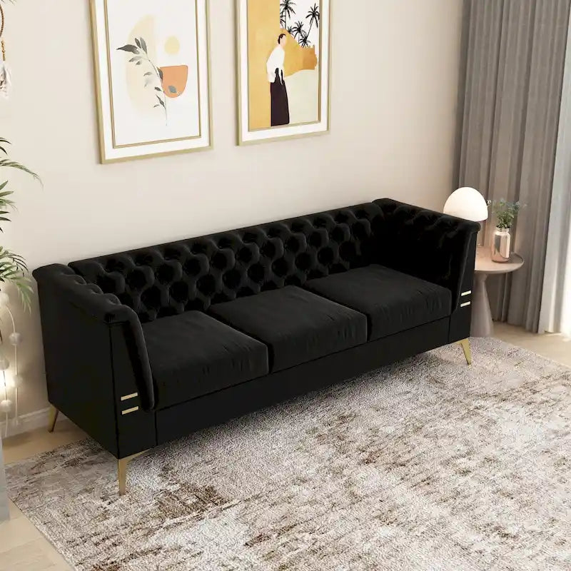 Canapé chesterfield 3 places en velours de 208 cm avec pieds en métal doré, éponge haute résilience et coussins amovibles