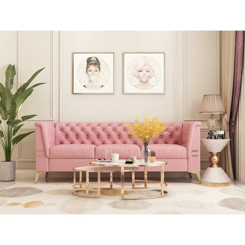 Canapé chesterfield 3 places en velours de 208 cm avec pieds en métal doré, éponge haute résilience et coussins amovibles