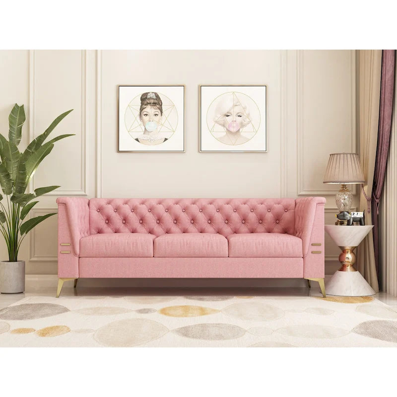 Canapé chesterfield 3 places en velours de 208 cm avec pieds en métal doré, éponge haute résilience et coussins amovibles