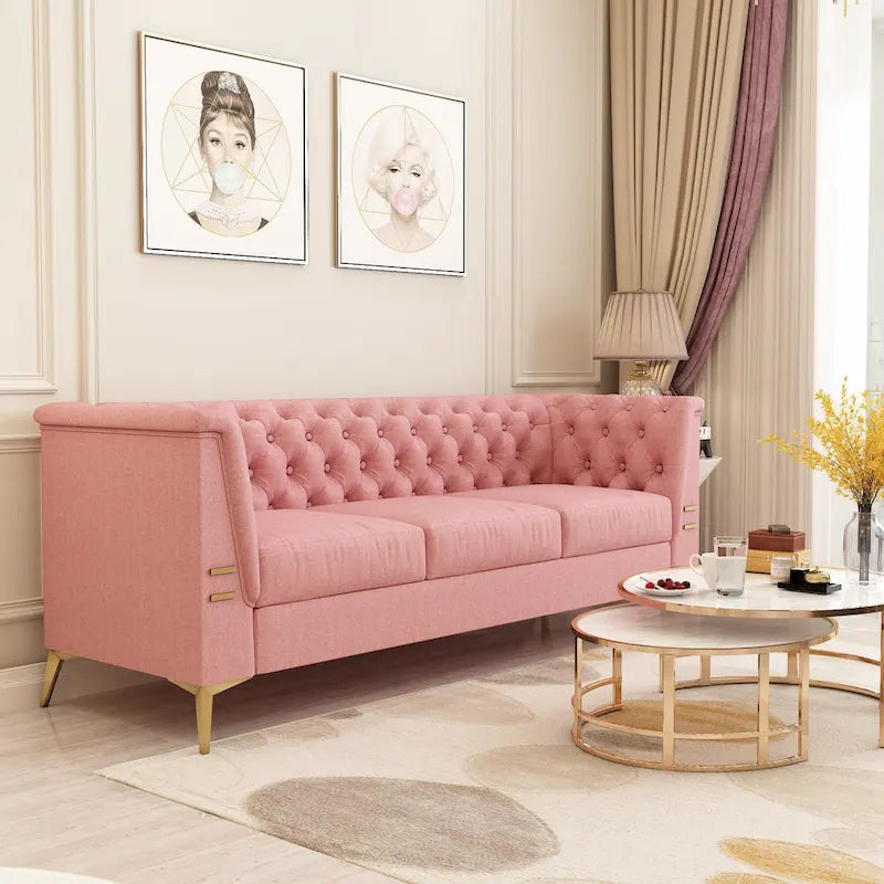 Canapé chesterfield 3 places en velours de 208 cm avec pieds en métal doré, éponge haute résilience et coussins amovibles