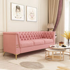 Canapé chesterfield 3 places en velours de 208 cm avec pieds en métal doré, éponge haute résilience et coussins amovibles
