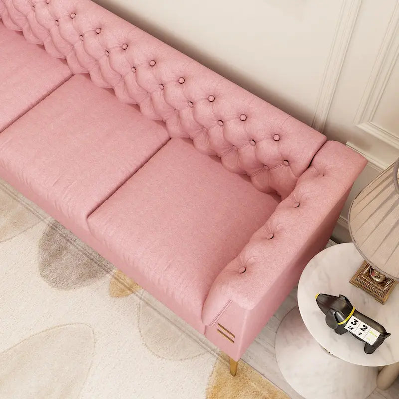Canapé chesterfield 3 places en velours de 208 cm avec pieds en métal doré, éponge haute résilience et coussins amovibles