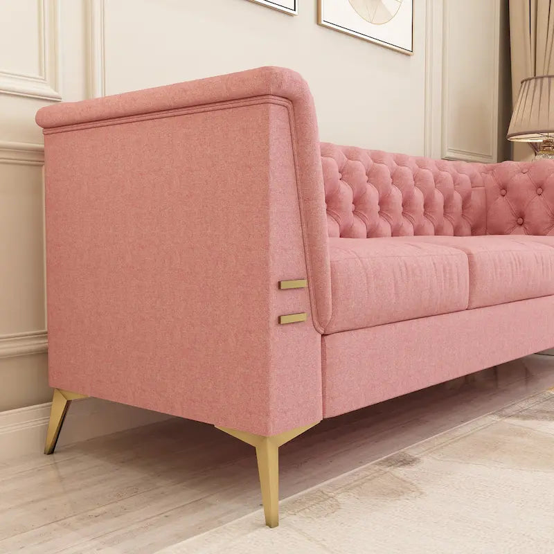 Canapé chesterfield 3 places en velours de 208 cm avec pieds en métal doré, éponge haute résilience et coussins amovibles