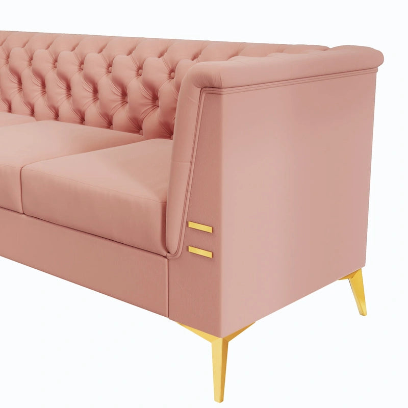 Canapé chesterfield 3 places en velours de 208 cm avec pieds en métal doré, éponge haute résilience et coussins amovibles