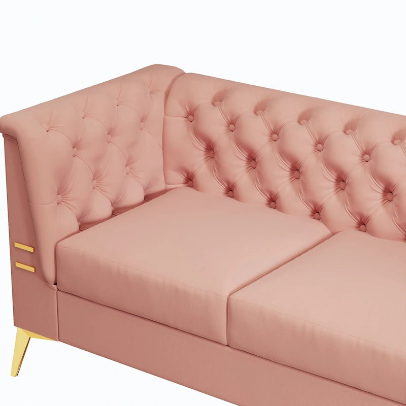 Canapé chesterfield 3 places en velours de 208 cm avec pieds en métal doré, éponge haute résilience et coussins amovibles