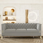 Canapé chesterfield 3 places en velours de 208 cm avec pieds en métal doré, éponge haute résilience et coussins amovibles