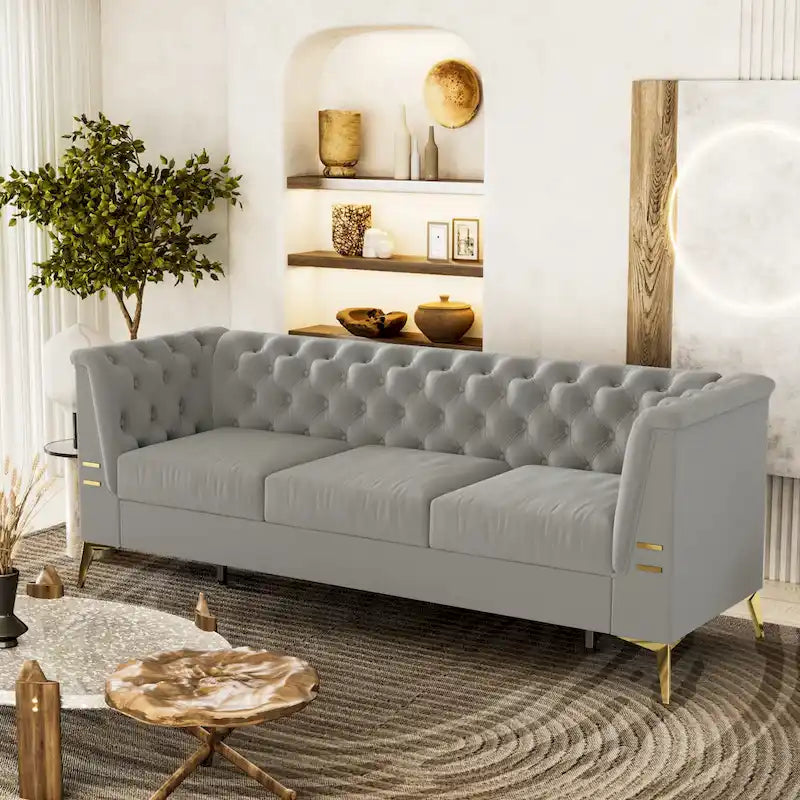 Canapé chesterfield 3 places en velours de 208 cm avec pieds en métal doré, éponge haute résilience et coussins amovibles