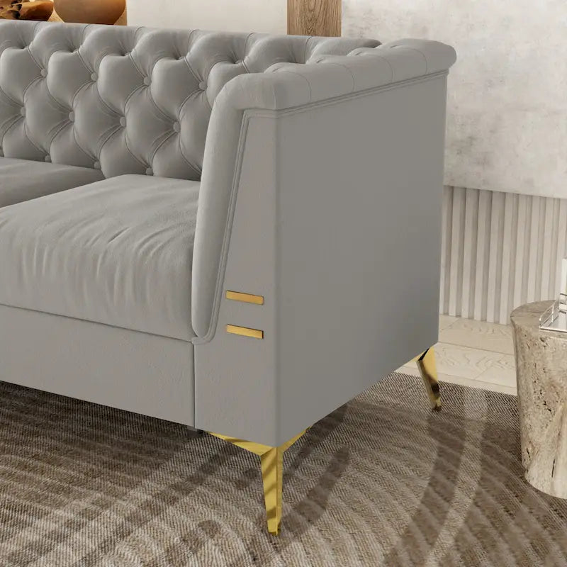 Canapé chesterfield 3 places en velours de 208 cm avec pieds en métal doré, éponge haute résilience et coussins amovibles