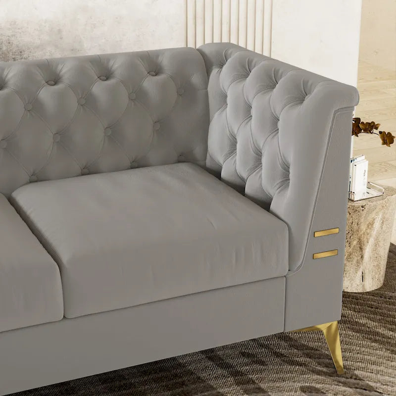 Canapé chesterfield 3 places en velours de 208 cm avec pieds en métal doré, éponge haute résilience et coussins amovibles