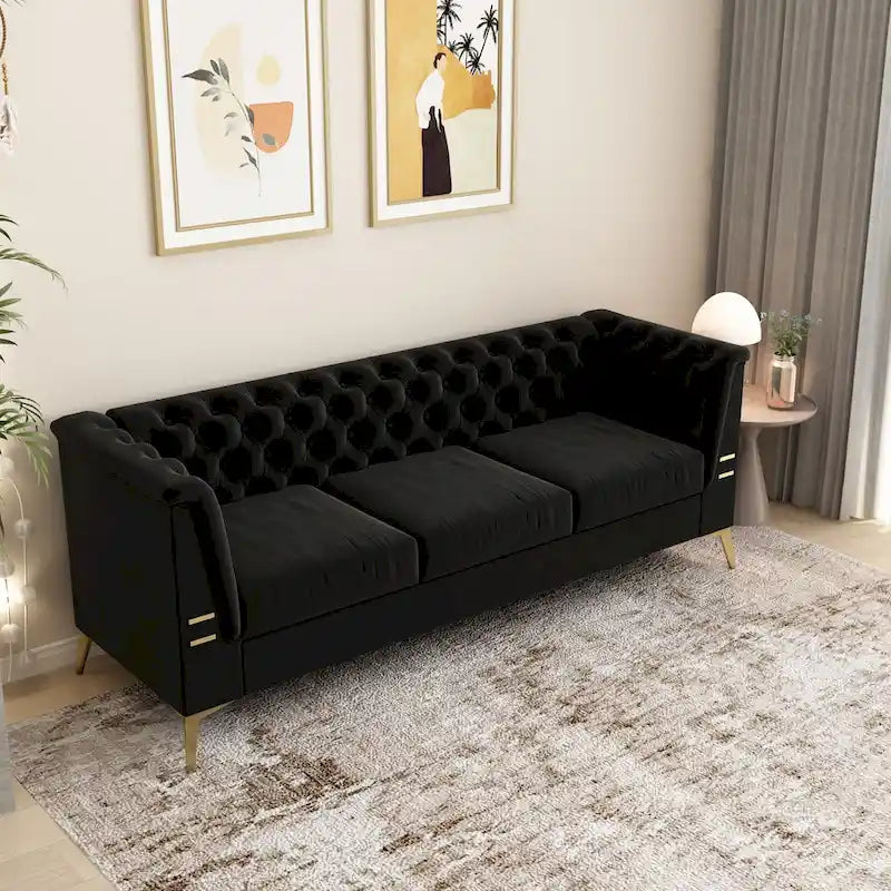 Canapé chesterfield 3 places en velours de 208 cm avec pieds en métal doré, éponge haute résilience et coussins amovibles