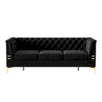 Canapé chesterfield 3 places en velours de 208 cm avec pieds en métal doré, éponge haute résilience et coussins amovibles