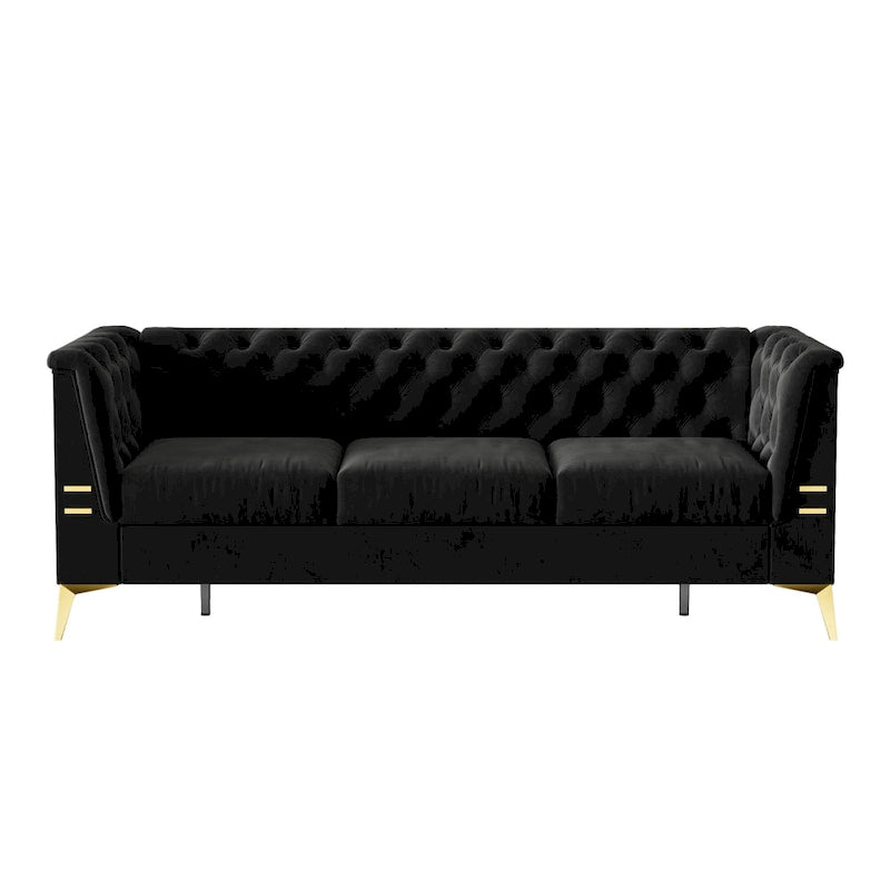 Canapé chesterfield 3 places en velours de 208 cm avec pieds en métal doré, éponge haute résilience et coussins amovibles