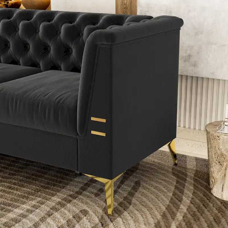 Canapé chesterfield 3 places en velours de 208 cm avec pieds en métal doré, éponge haute résilience et coussins amovibles