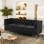 Canapé chesterfield 3 places en velours de 208 cm avec pieds en métal doré, éponge haute résilience et coussins amovibles