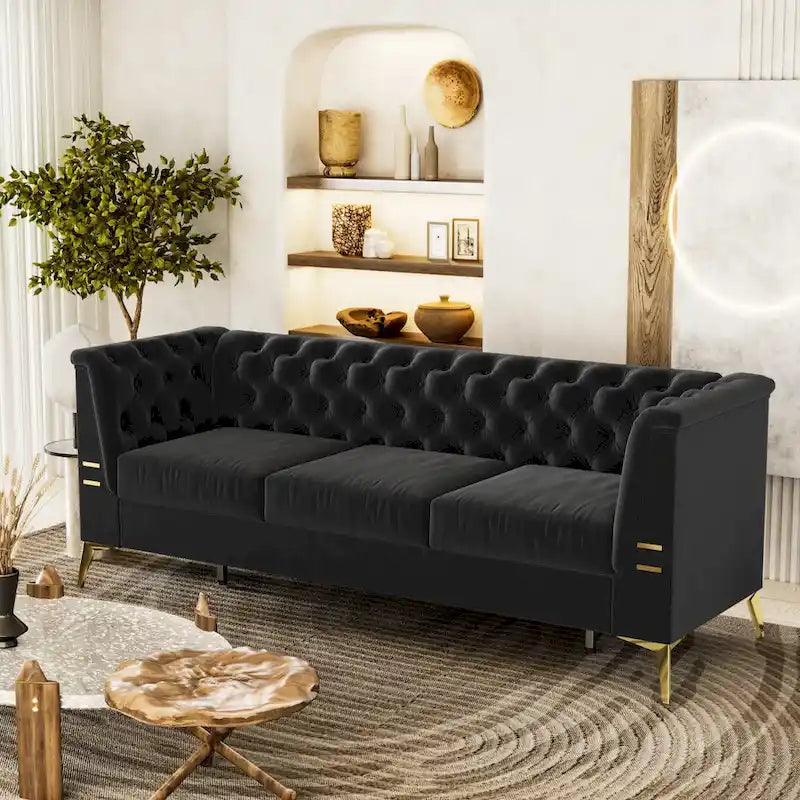 Canapé chesterfield 3 places en velours de 208 cm avec pieds en métal doré, éponge haute résilience et coussins amovibles