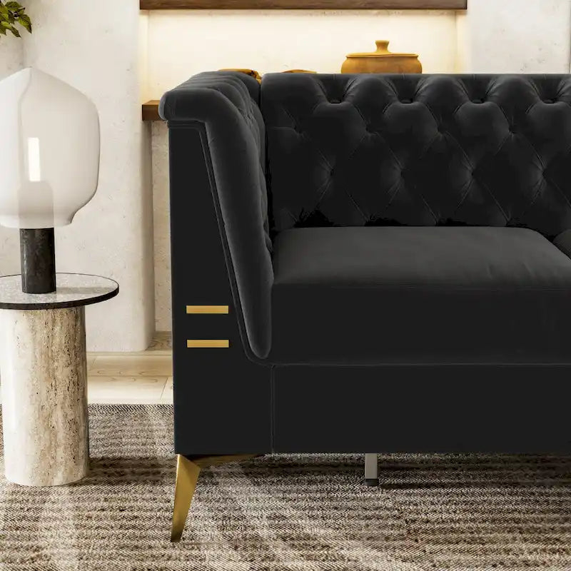 Canapé chesterfield 3 places en velours de 208 cm avec pieds en métal doré, éponge haute résilience et coussins amovibles
