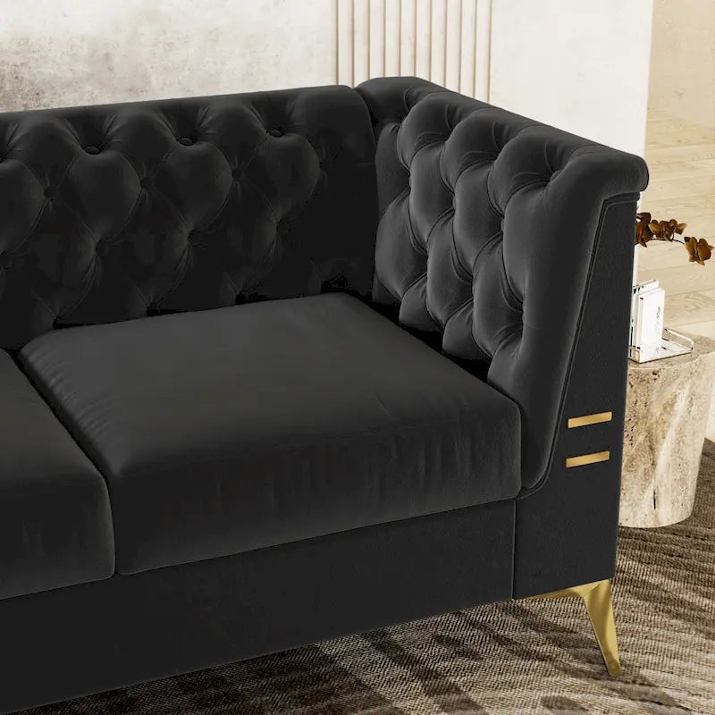 Canapé chesterfield 3 places en velours de 208 cm avec pieds en métal doré, éponge haute résilience et coussins amovibles