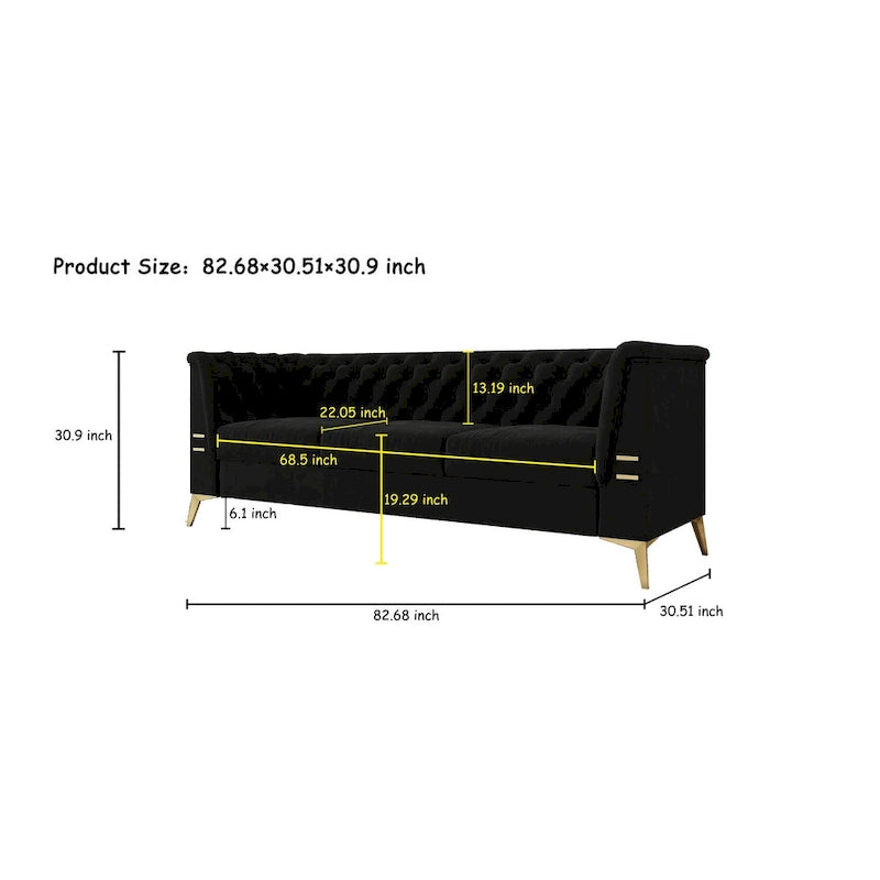 Canapé chesterfield 3 places en velours de 208 cm avec pieds en métal doré, éponge haute résilience et coussins amovibles