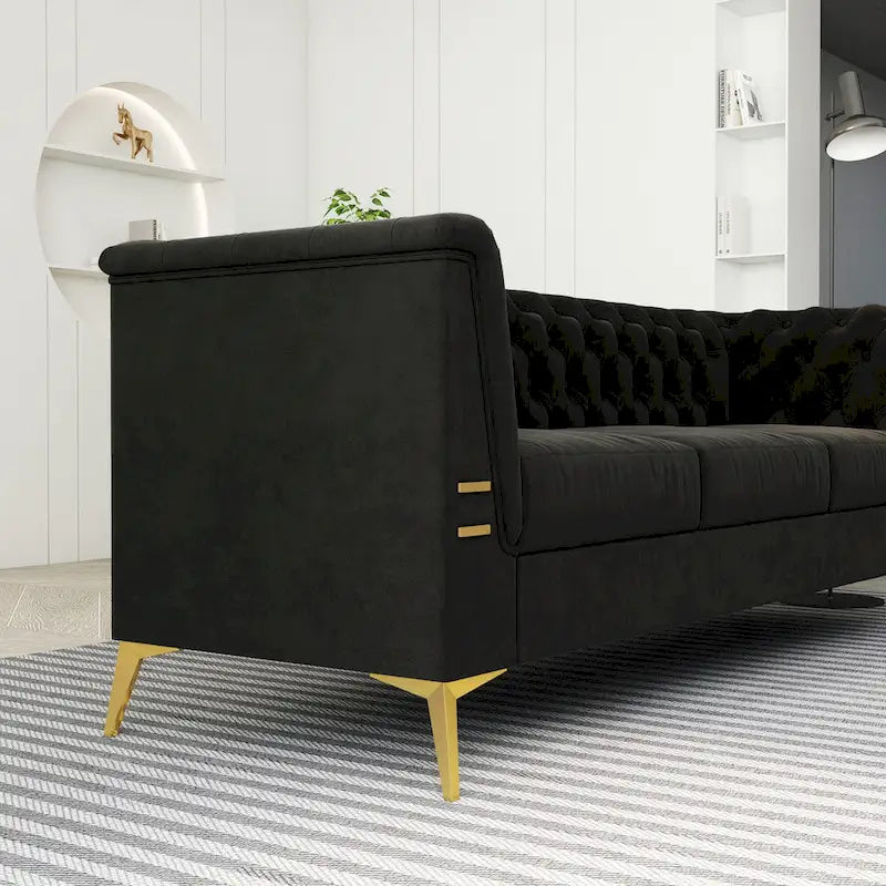 Canapé chesterfield 3 places en velours de 208 cm avec pieds en métal doré, éponge haute résilience et coussins amovibles