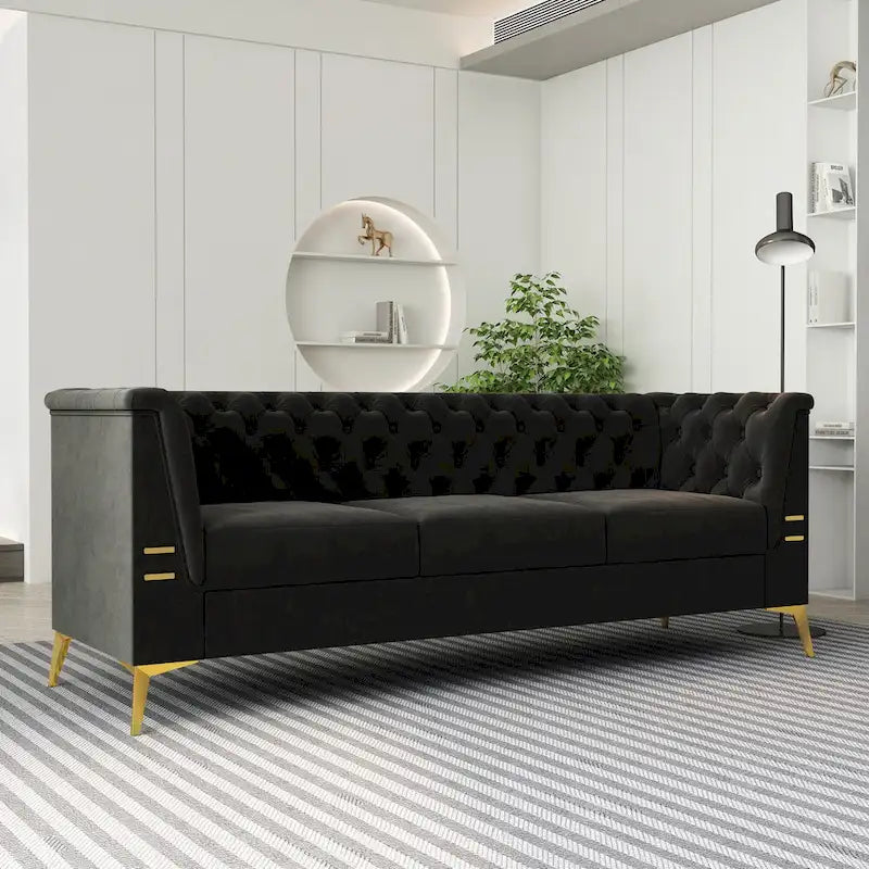 Canapé chesterfield 3 places en velours de 208 cm avec pieds en métal doré, éponge haute résilience et coussins amovibles