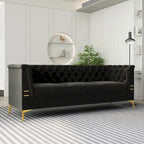 Canapé chesterfield 3 places en velours de 208 cm avec pieds en métal doré, éponge haute résilience et coussins amovibles