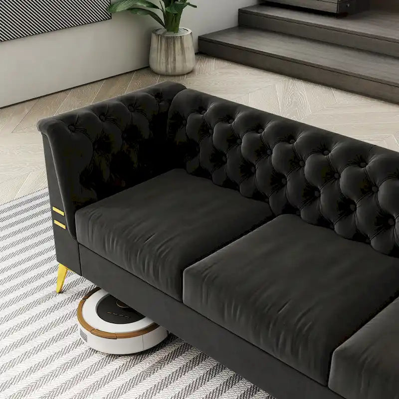 Canapé chesterfield 3 places en velours de 208 cm avec pieds en métal doré, éponge haute résilience et coussins amovibles