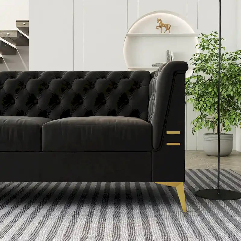 Canapé chesterfield 3 places en velours de 208 cm avec pieds en métal doré, éponge haute résilience et coussins amovibles