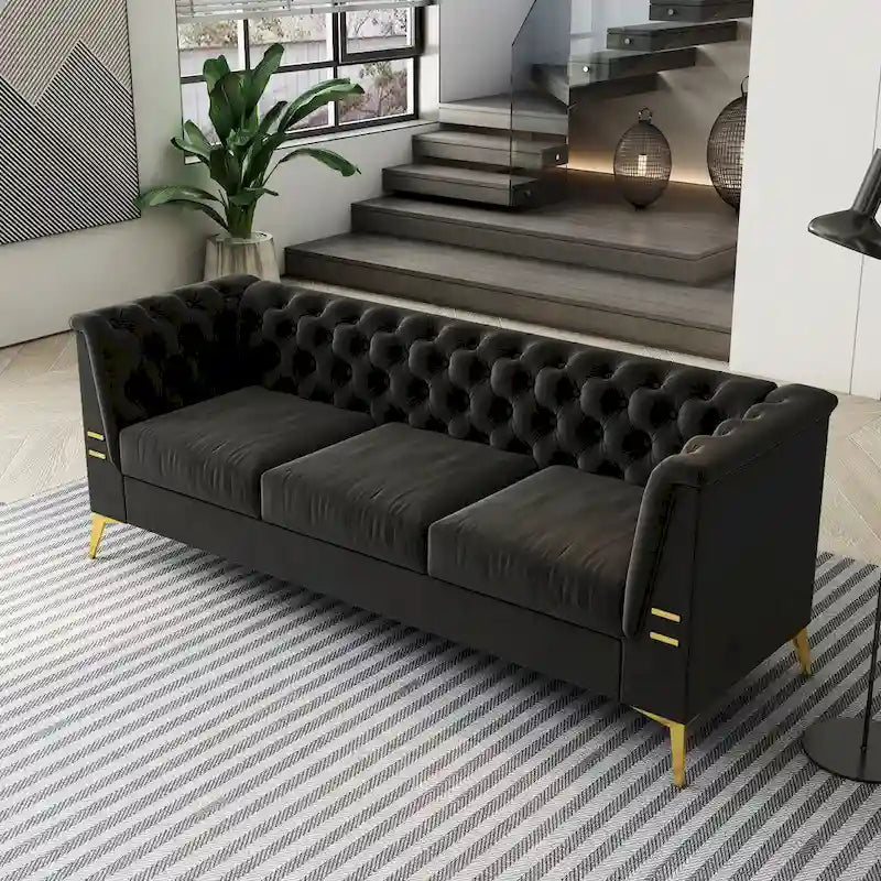Canapé chesterfield 3 places en velours de 208 cm avec pieds en métal doré, éponge haute résilience et coussins amovibles
