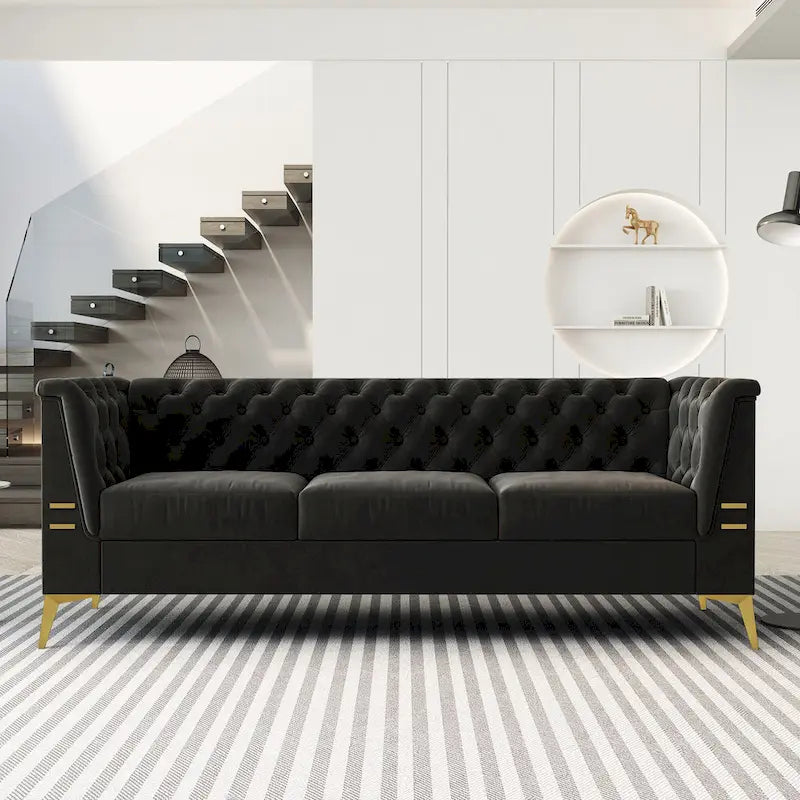 Canapé chesterfield 3 places en velours de 208 cm avec pieds en métal doré, éponge haute résilience et coussins amovibles