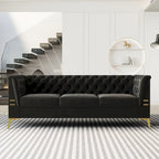 Canapé chesterfield 3 places en velours de 208 cm avec pieds en métal doré, éponge haute résilience et coussins amovibles