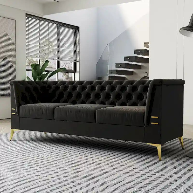 Canapé chesterfield 3 places en velours de 208 cm avec pieds en métal doré, éponge haute résilience et coussins amovibles