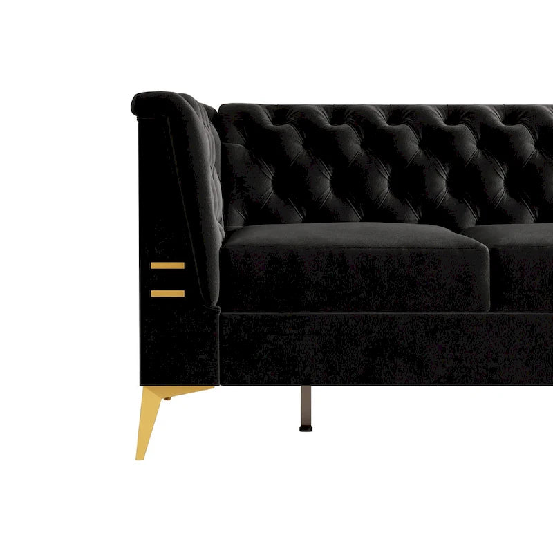 Canapé chesterfield 3 places en velours de 208 cm avec pieds en métal doré, éponge haute résilience et coussins amovibles