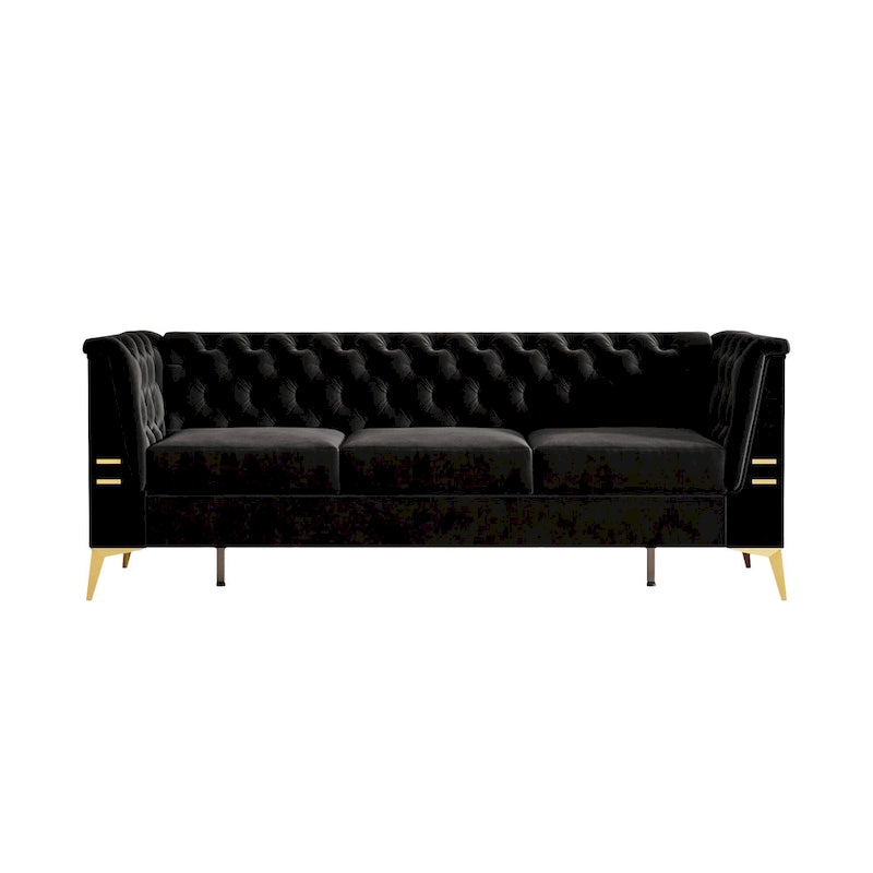 Canapé chesterfield 3 places en velours de 208 cm avec pieds en métal doré, éponge haute résilience et coussins amovibles