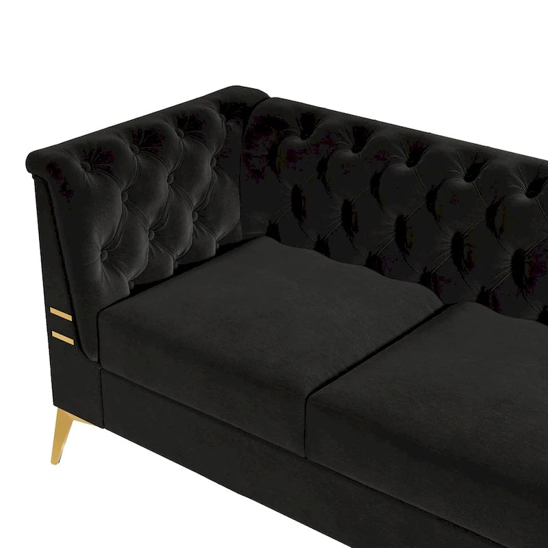 Canapé chesterfield 3 places en velours de 208 cm avec pieds en métal doré, éponge haute résilience et coussins amovibles