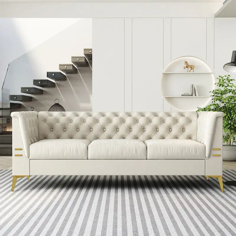 Canapé chesterfield 3 places en velours de 208 cm avec pieds en métal doré, éponge haute résilience et coussins amovibles