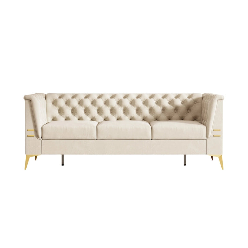 Canapé chesterfield 3 places en velours de 208 cm avec pieds en métal doré, éponge haute résilience et coussins amovibles
