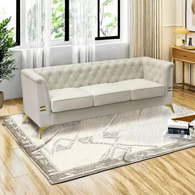 Canapé chesterfield 3 places en velours de 208 cm avec pieds en métal doré, éponge haute résilience et coussins amovibles