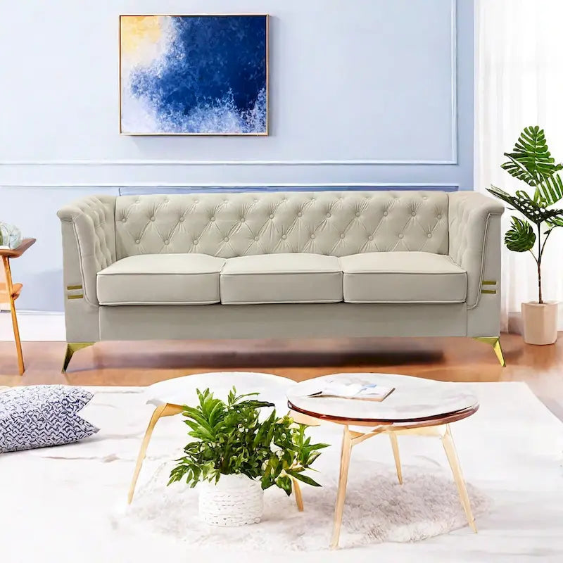 Canapé chesterfield 3 places en velours de 208 cm avec pieds en métal doré, éponge haute résilience et coussins amovibles