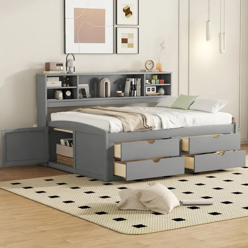 Full Wooden Daybed with Cabinets, Shelves, and Drawers